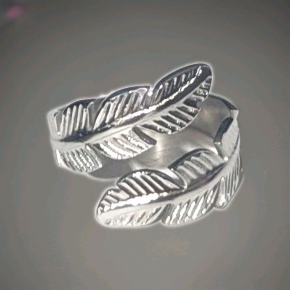 Retro Silver Stainless Steel Curling Feather Wrap Ring | Anti-Tarnish | 12mm